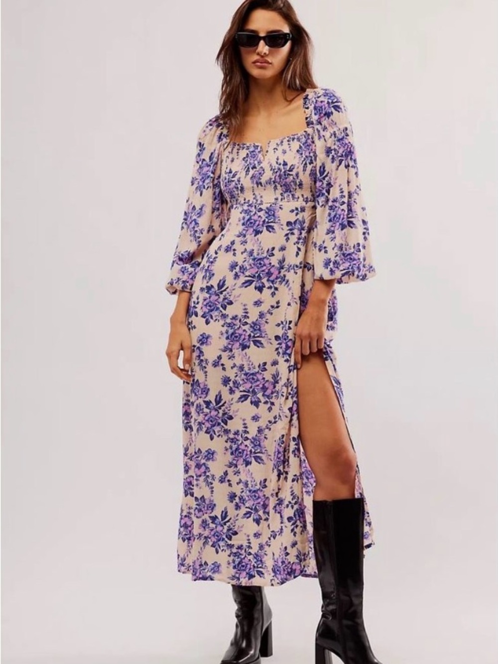 Free People Floral Midi Dress Smocked Puff Sleeve‎ Pink Purple Size M
